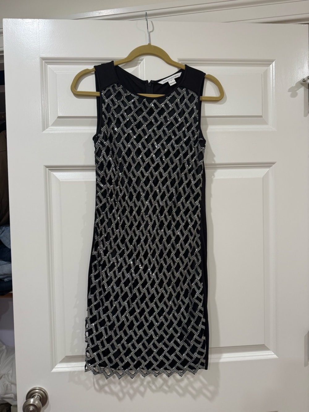 Diane von Furstenberg Black Sleeveless Mesh Overlay Dress Silver Lattice Detail